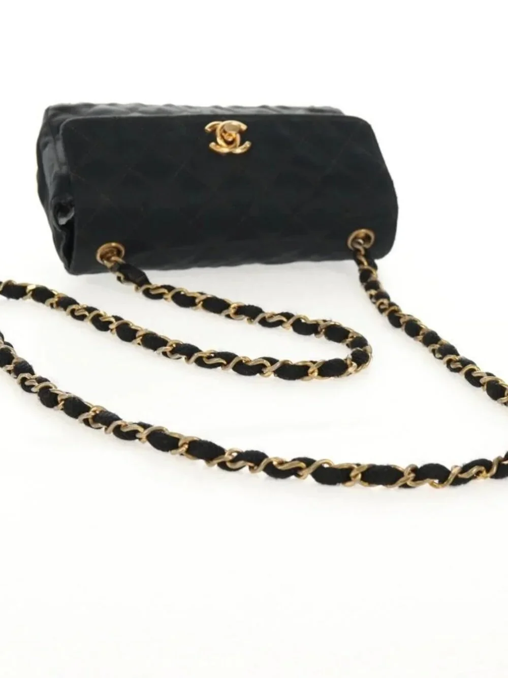 CHANEL Mini Matelasse 18 Chain Shoulder Bag Satin Black Gold CC Auth 159010V